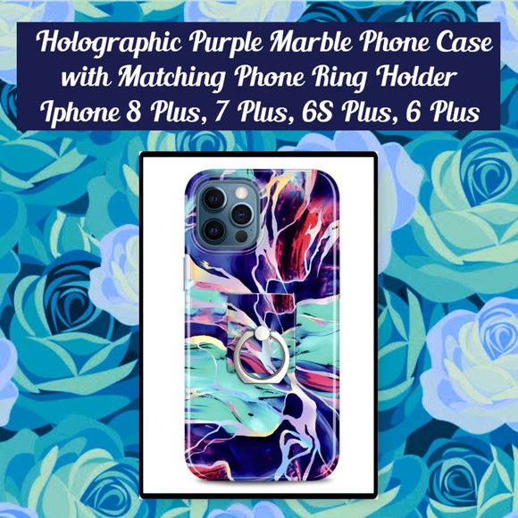 IPhone 8 Plus Holographic Purple Marble Case with Matching Phone Ring Holder - Picture 1 of 12